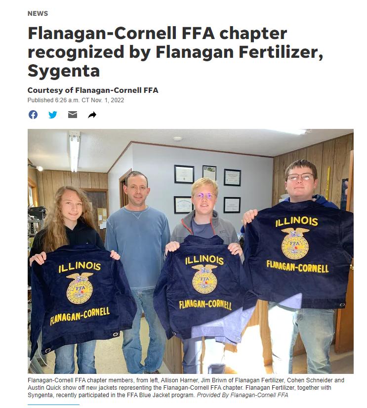 Flanagan-Cornell FFA chapter recognized by Flanagan Fertilizer, Syngenta